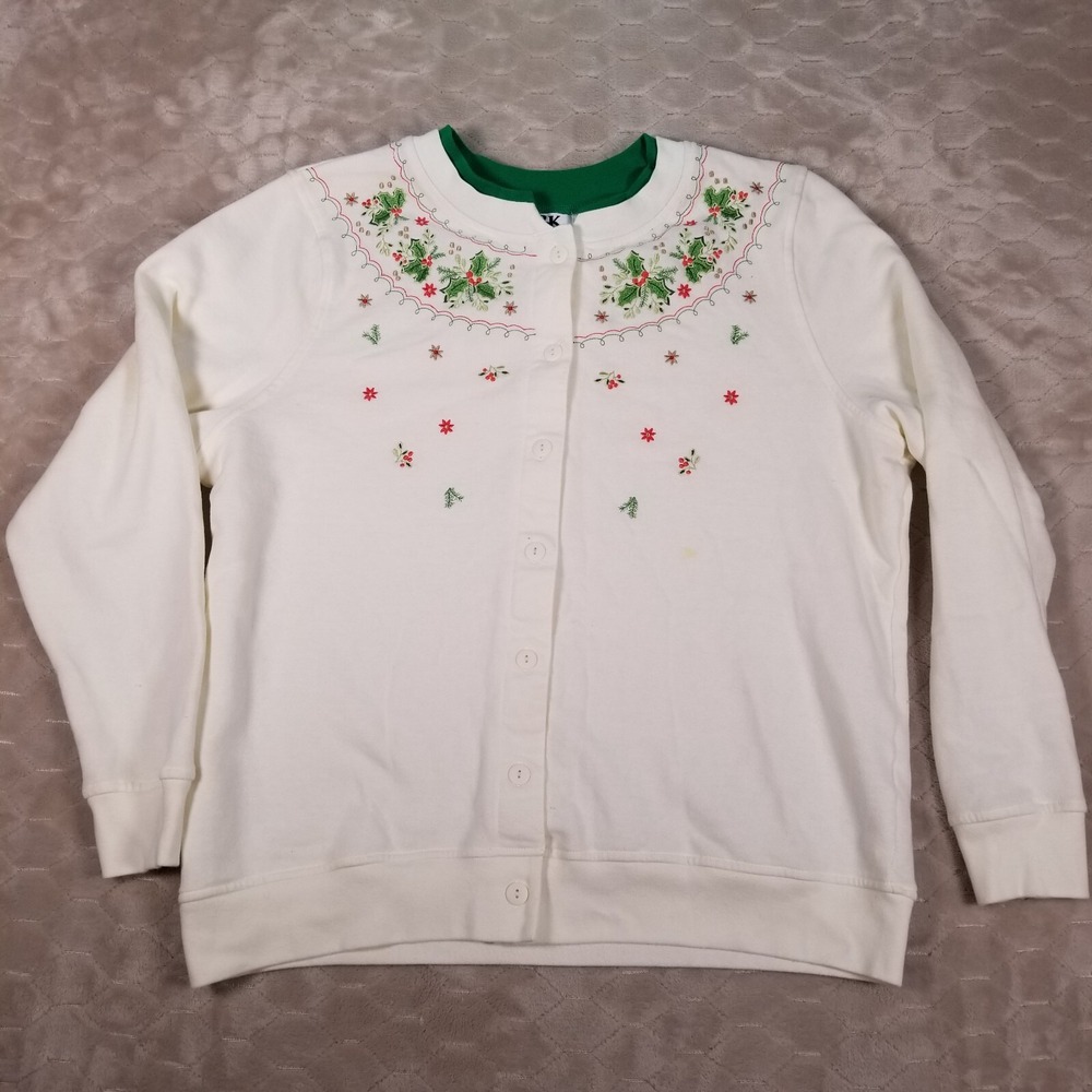 Ugly Christmas Sweater‎ Women Large Embroidered Cardigan STAINED See Pics